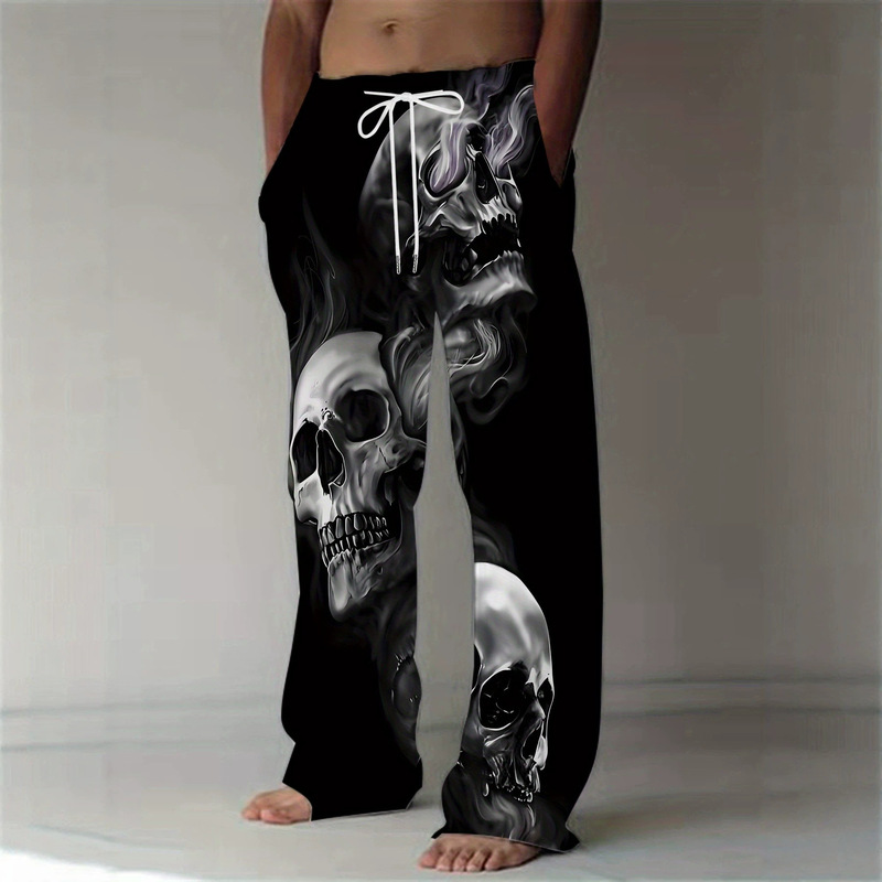 Halloween cross-border 26 new European and American skull smoke print drawstring elastic waist loose casual men's wide-leg pants Halloween cross-border 26 new European and American skull smoke print drawstring elastic waist loose casual men's wide-leg pants