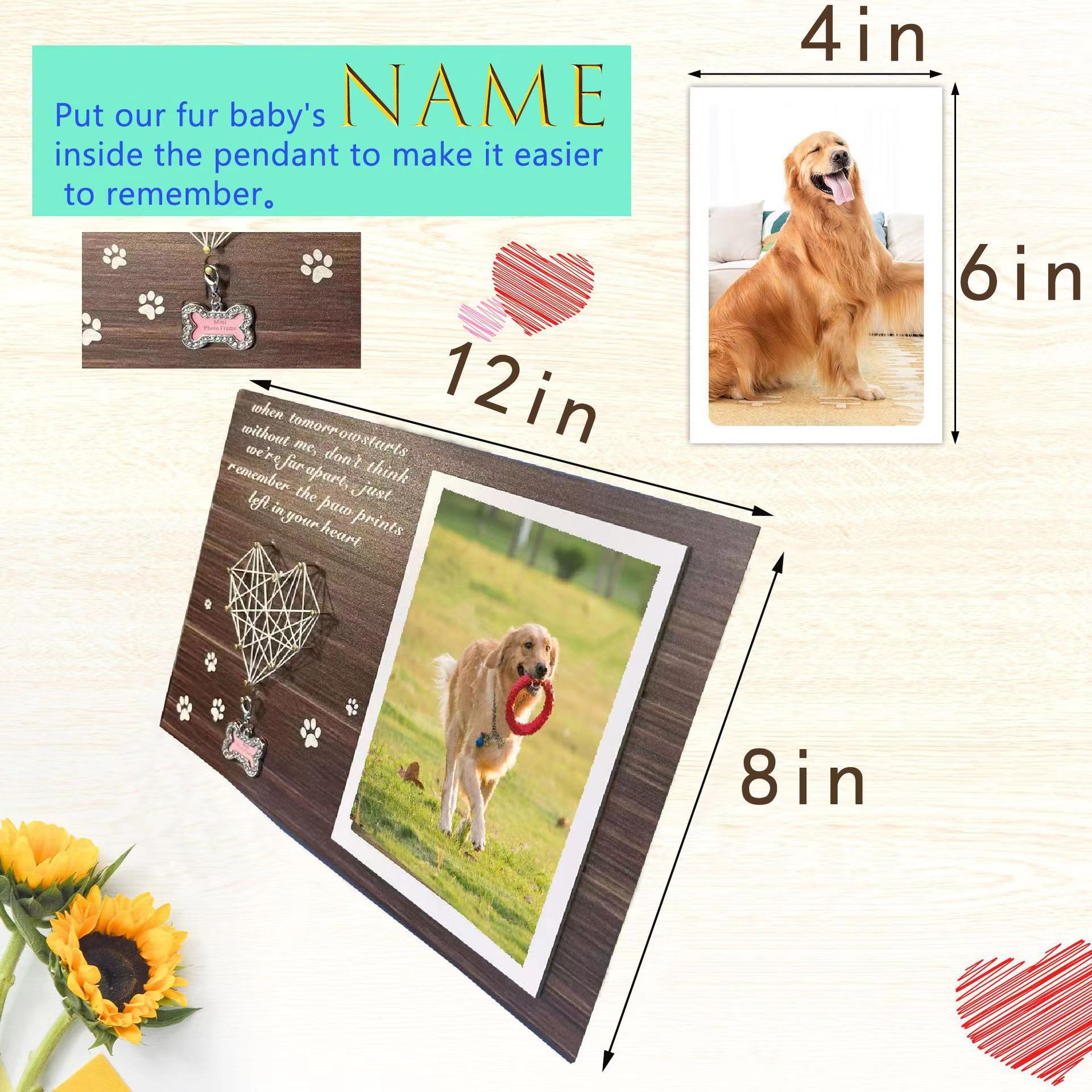 En stock de madera para mascotas marco de fotos Mesa creativa mascota perro colgante Marco de Fotos Perro pies sinuoso conmemorativo