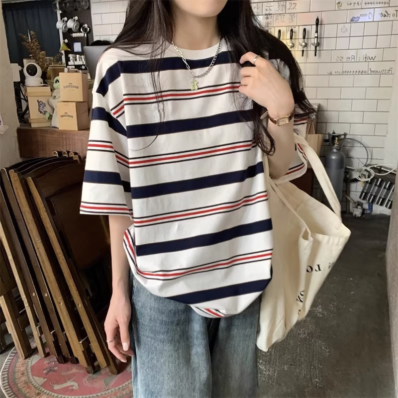 Slim Stripesd Loose and Gentle Short-Sleeved T-Shirt for Male and Female Students Couple Summer Bf Style Casual Lazy Style Top Ins