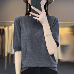 24春夏超細いウールニット半袖女性薄いゆるい半袖tシャツシンプルな純色の上着