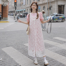 新中式国风2024新款夏季时尚两件套装泡泡袖衬衫裙蕾丝马甲套装