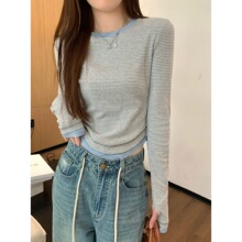 实拍2025早秋韩版修身撞色复古条纹假两件设计感纯棉长袖T恤上衣