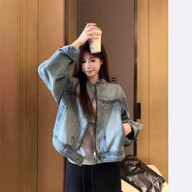 复古立领短款牛仔外套女春秋2026新款小个子百搭盐系机车夹克上衣
