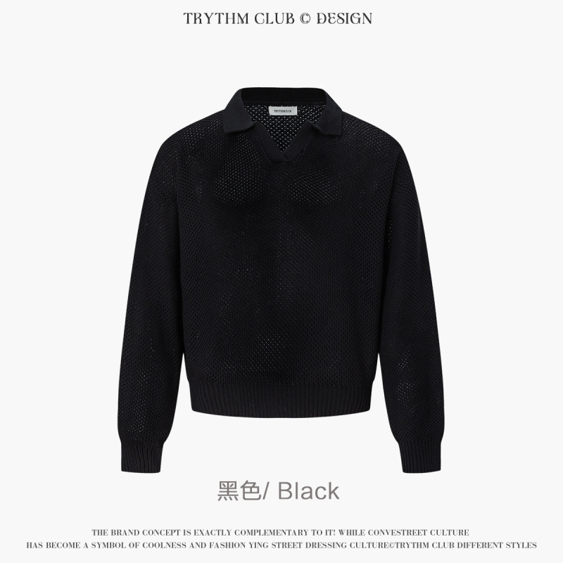 TRYTHMCLUB 新款网眼美式复古休闲慵懒风V领针织衫男纯色|undefined