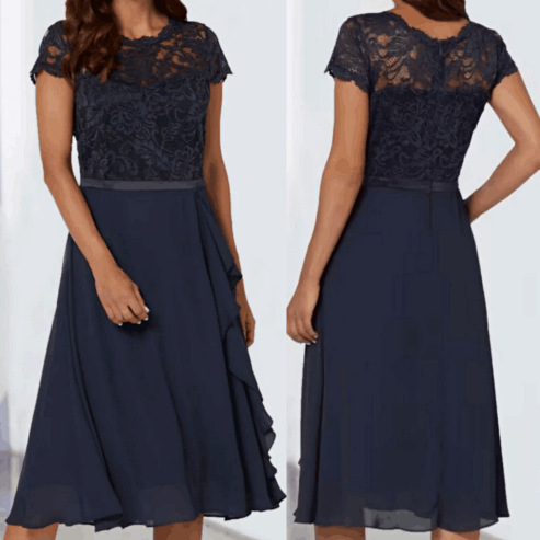 Summer solid elegant lace shiffon short sleeve dress with a round…
