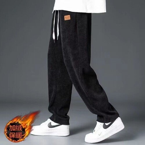 Handsome men's lazy, loose and comfortable velvet straight pants, men's all-matching corduroy draping solid color straight pants