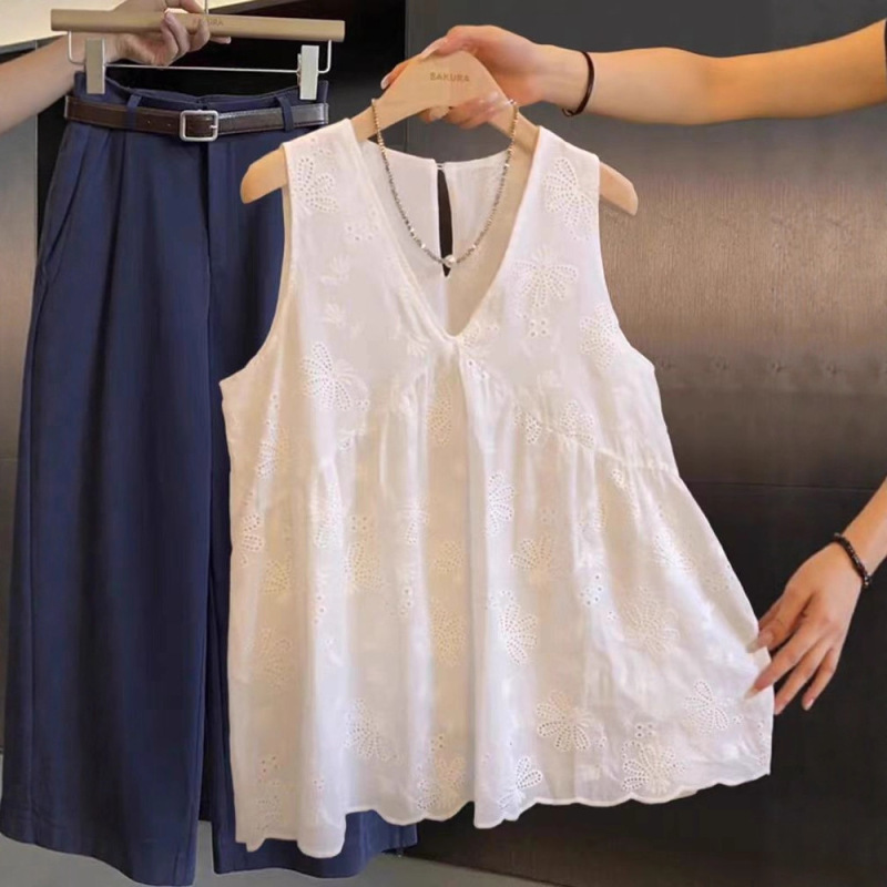 My Personal Favorite Recommendation~ Midsummer Night Korean-Style V-Neck Embroidered Hollow-Out Shirt for Women, Summer Sleeveless Tank Top My Personal Favorite Recommendation~ Midsummer Night Korean-Style V-Neck Embroidered Hollow-Out Shirt for Women, Summer Sleeveless Tank Top