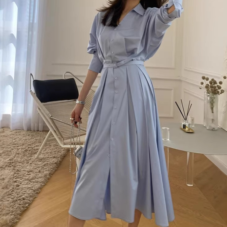 2026 French-Style Socialite Waist-Cinching Long-Sleeve Shirt Dress for Women, French Design with a Sense of Elegance, Mid-Length Dress