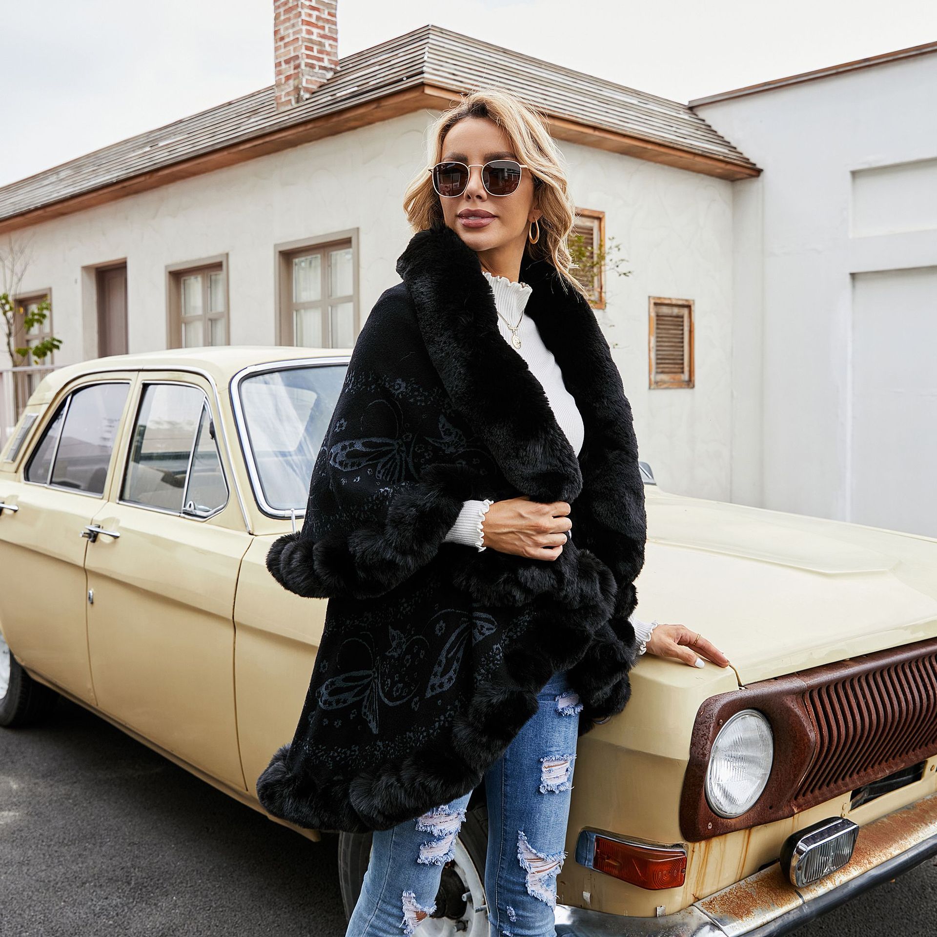 Tiktok transmisión en vivo Otoño e Invierno Nueva suelta Faux Fox Cuello de piel de doble capa chal capa simple moda casual moda