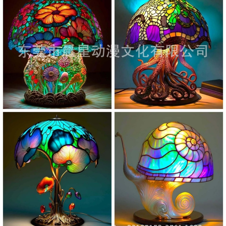 跨境新款tained Glass Plant Series Table Lamp彩绘玻璃植物台灯