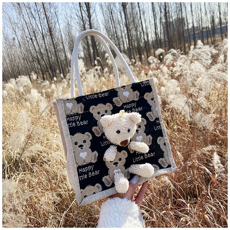 Portable lunch box, canvas bag 2021 new Korean version Instagram college student class bear tote bag undefined
