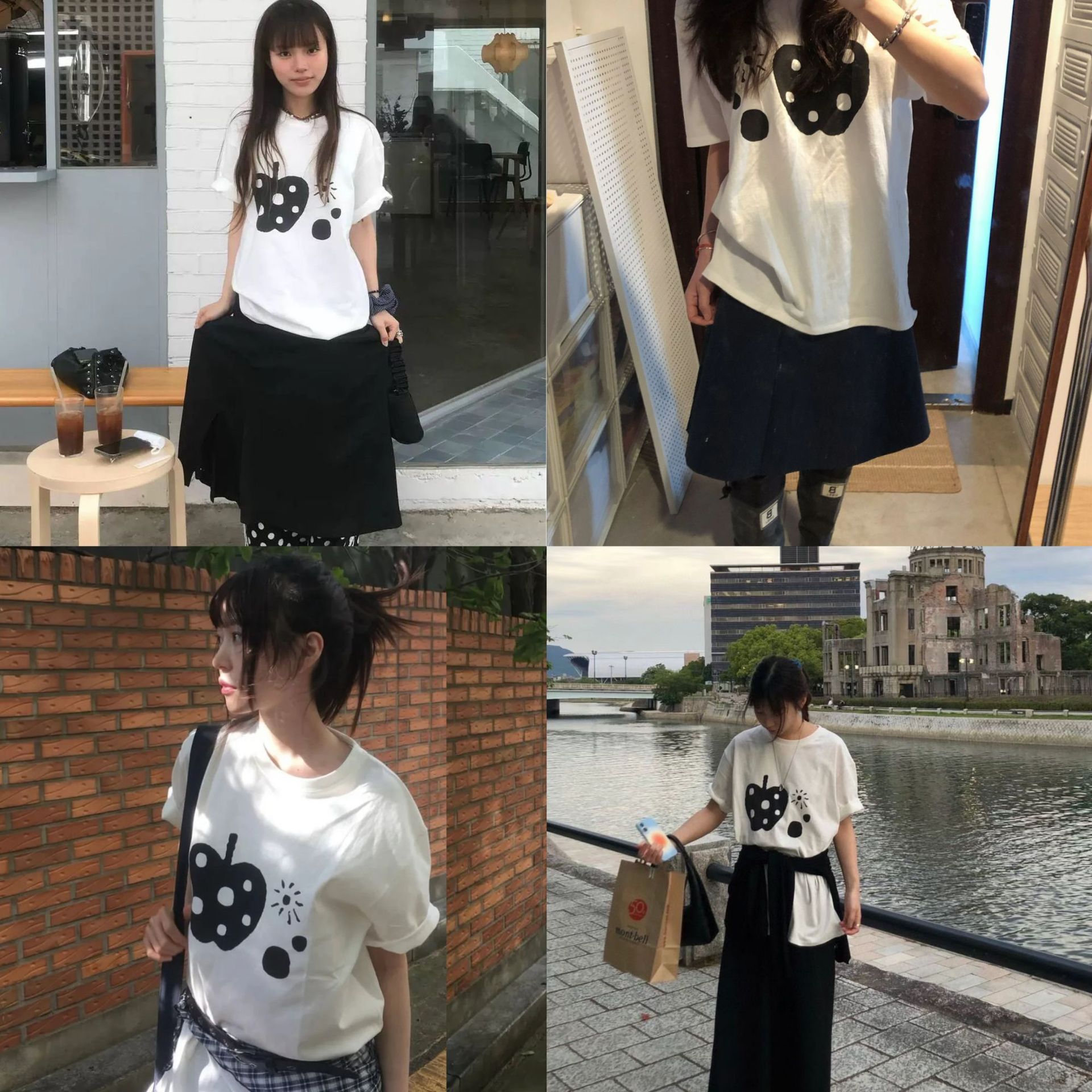 OHESH*O 韓国ニッチブラックアップル水玉プリントルーズフィット半袖TシャツガールズカジュアルTトップ