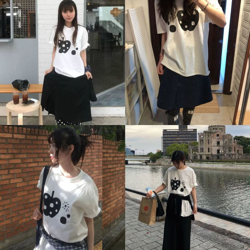 Ohesh*O Korean Niche Black Apple Polka Dot Print Loose-Fitting Short-Sleeved T-Shirt Girls Casual T-Shirt