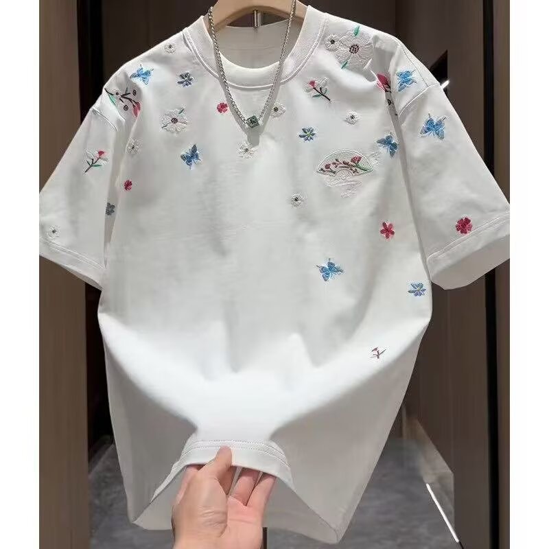 Men's Trendy Luxury Short Sleeve T-Shirt Tie Dye Crew Neck With Stylish Letter Embroidery Versatile Shoulder Design Summer Top_viptrois.com