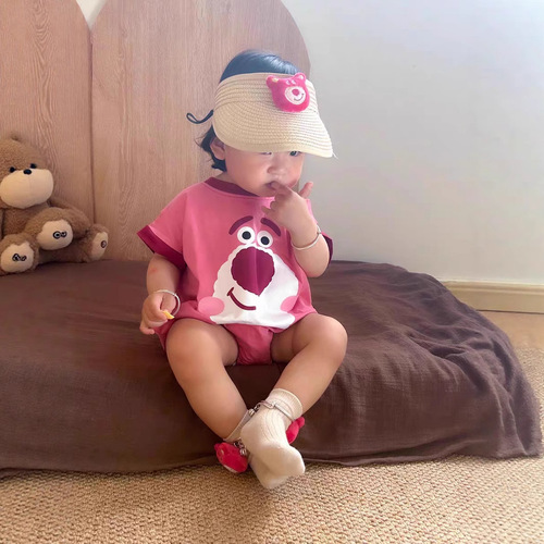Summer Baby Loose Casual Short Sleeve Hoddie Infant Cotton Cute Strawberry Bear PJs Climbing Suit Korean Version