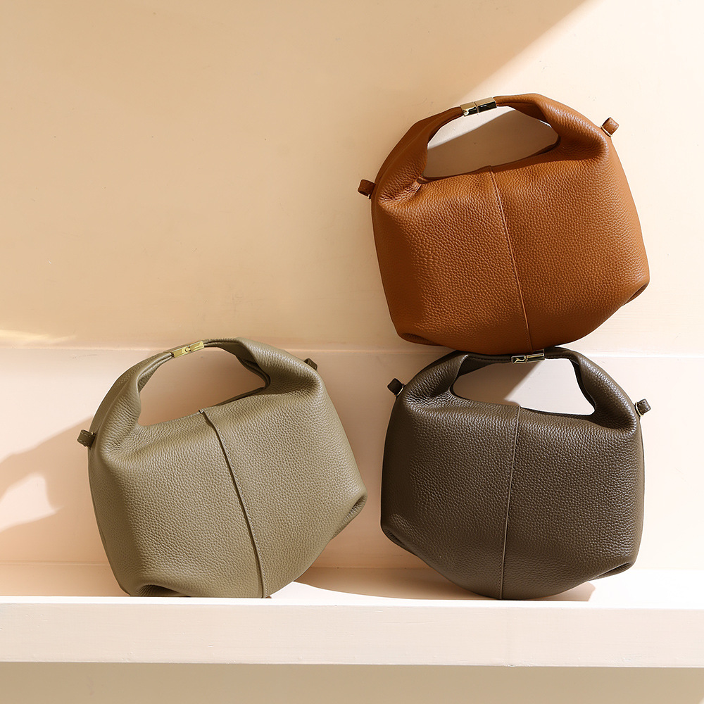 French Style Niche Genuine Leather Women's Handbag New Lychee Grain Cowhide Luxury Tote Bag Fashion Commuter Bento Bag - Thumbnail 3