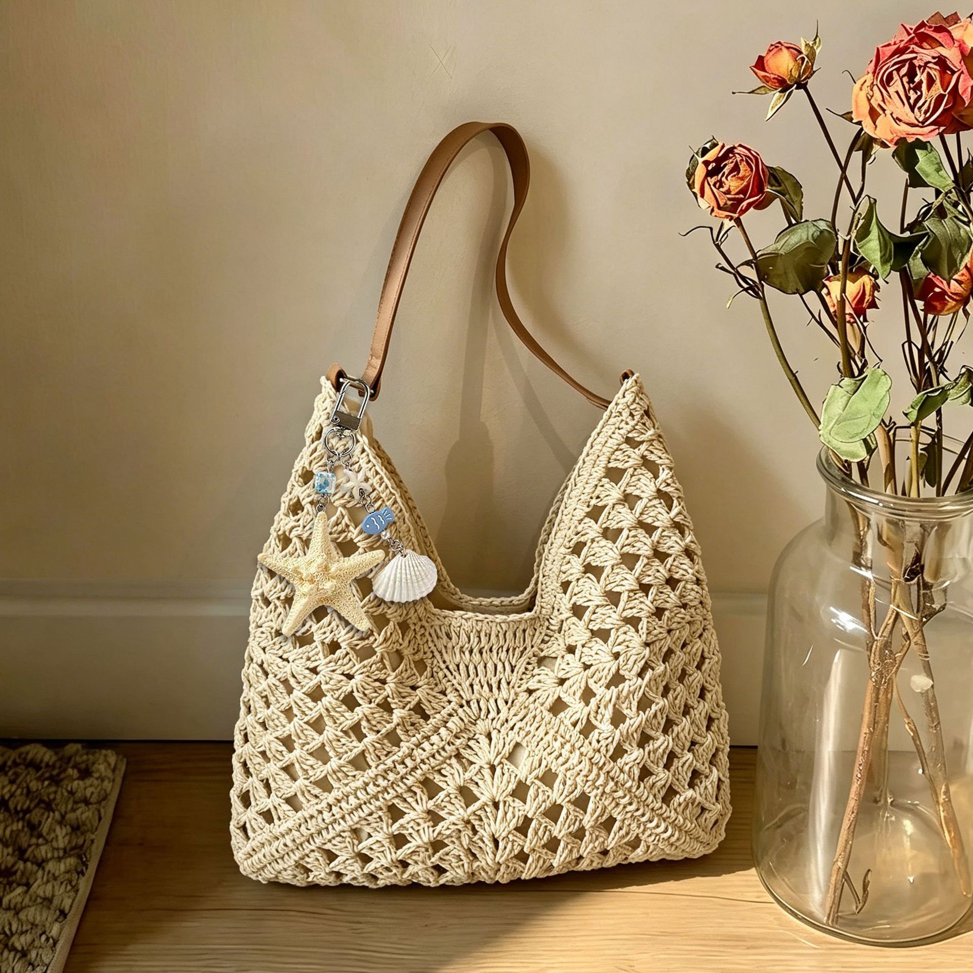 Bolsa de tela de paja de gran capacidad de color extranjero, bolsa de hombro casual de moda junto al mar, bolsa de tote simple
