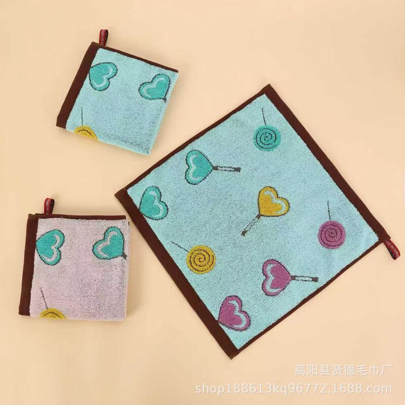 Pure Cotton Colored Yarn Children's Square Towel with Candy, Lollipop, Crocodile, and Bear Jacquard Design, Suitable for Home Use, Hangable Face Towel