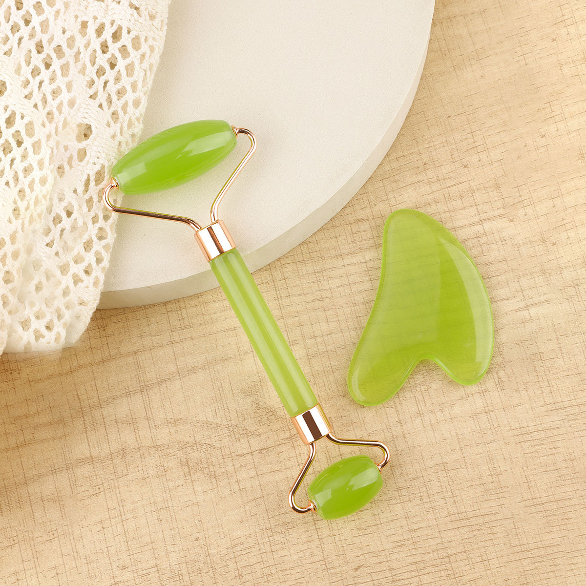 Rodillo de jade de imitación de doble cabeza, masajeador de tabla gua sha, bastón de masaje facial de fisioterapia, dispositivo de belleza de resina engrosada, transfronterizo
