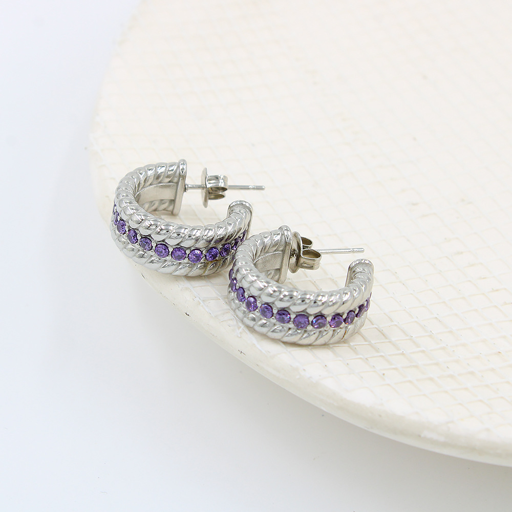 20g Weight Rhinestones Inlay Material Hoop Earrings Classification 1 Pair Simple Style C Shape Inlay Stainless Steel Rhinestones Hoop Earrings