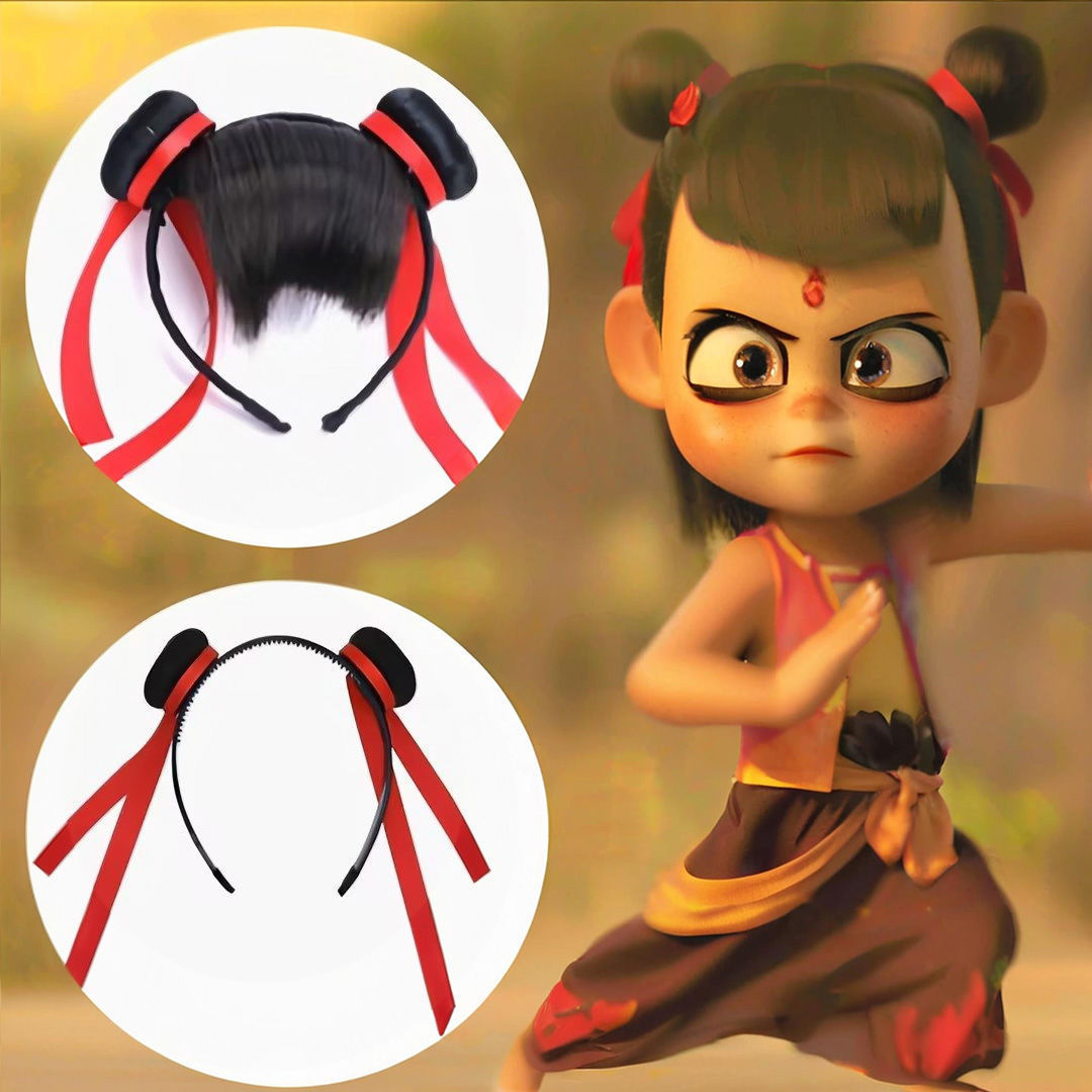 哪吒石矶娘娘儿童萌娃古风汉服动漫可爱化纤假发丸子头COS假发