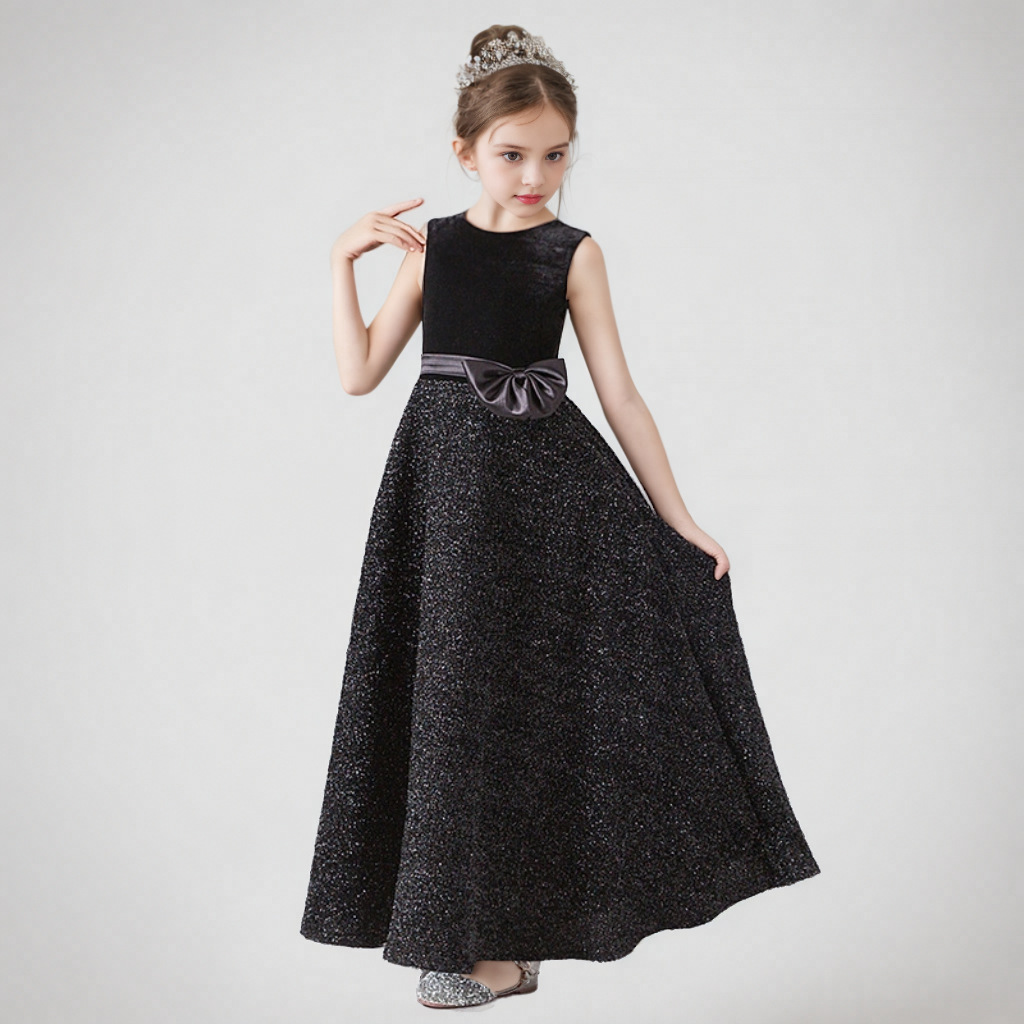 Vestido de concurso infantil brilhante sem mangas – Vestido de princesa com glitter para apresentações e eventos (80-160cm, preto clássico)_voghion.com