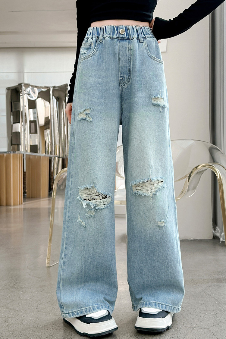 Girls 25 Spring Ripped Label Denim Wide Leg Pants 2515 New Children's Miscellaneous European And American Jeans_voghion.com