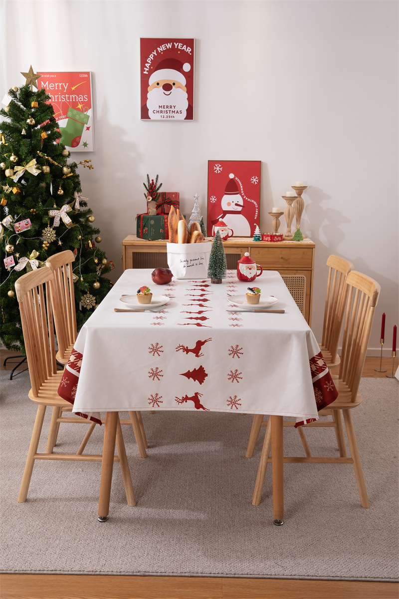 Tovaglia natalizia con bandiera da tavolo stampata in poliestere impermeabile, decorazione natalizia, con fiocco di neve e fiore di alce_voghion.com