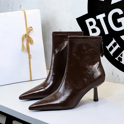 1895-2 European and American retro style pointed thin high-heeled fashion versatile short boots, women's back zippe