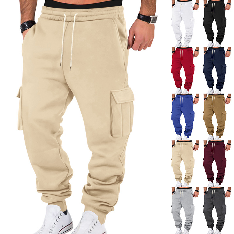 2025 New Cross-Border Amazon Men's Winter Fleece-Lined Casual Cargo Pants with Multiple Pockets and Drawstring in Ten Colors for Sports and Leisure