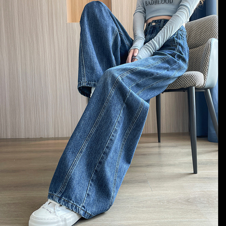 American Retro Washed Scimitar Jeans for Women 2025 New High-Waisted Loose Straight Pants with Patchwork Wide-Leg Long Pants
