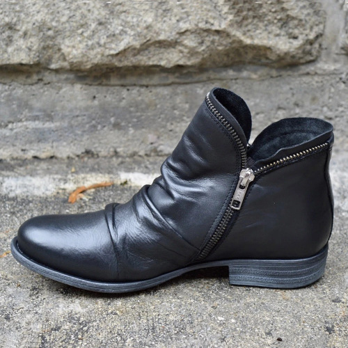 Independent Station round head V-neck women's leather boots side zipper Martin boots autumn thick heel horseshoe heel women's shoes