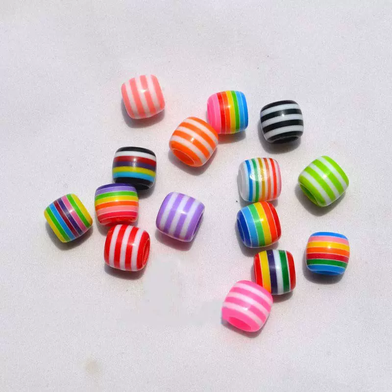 树脂大孔彩虹珠糖果色七彩条纹桶珠10*12mm孔内径6mmDIY饰品配件