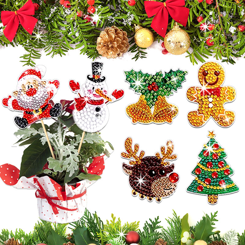 Estacas decorativas para macetas con diseño de flores para decoración de plantas en el hogar y escritorio, fabricante de estacas de jardín hechas a mano con pegatinas de diamantes DIY.