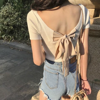 ins白色短袖T恤女学生夏2023新款性感蝴蝶结心机打底衫女露背上衣
