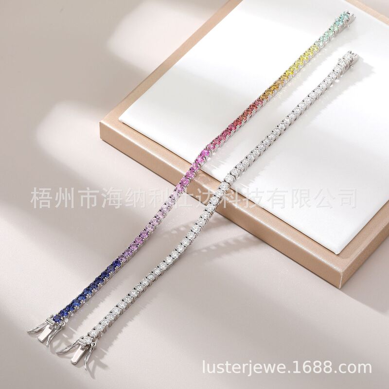 Ins Popular Stackable Luxury Hot-Selling 3mm Round Lab-Grown Sapphire Rainbow Moissanite 925 Silver Tennis Bracelet