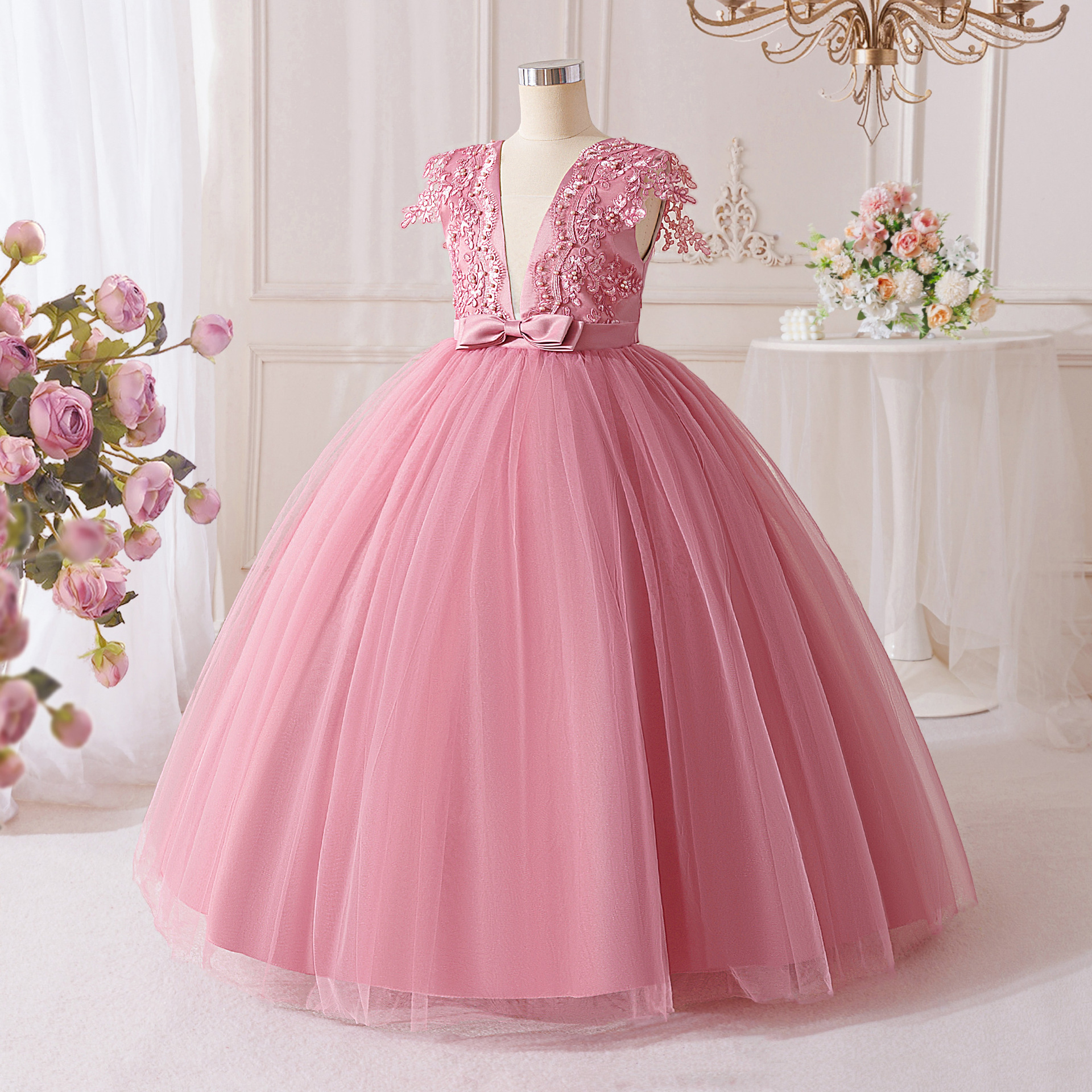 Vesta de princesa de niñas transfronterizas, arco profundo, chaleco de cuello en V, fiesta de cumpleaños, vestido de princesa de alta gama