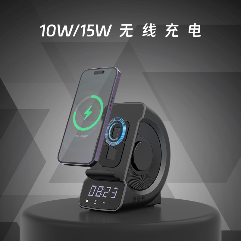 Nuevo modelo privado de carga inalámbrica altavoz bluetooth amazonas teléfono móvil de audio mesita de noche reloj despertador bluetooth audio