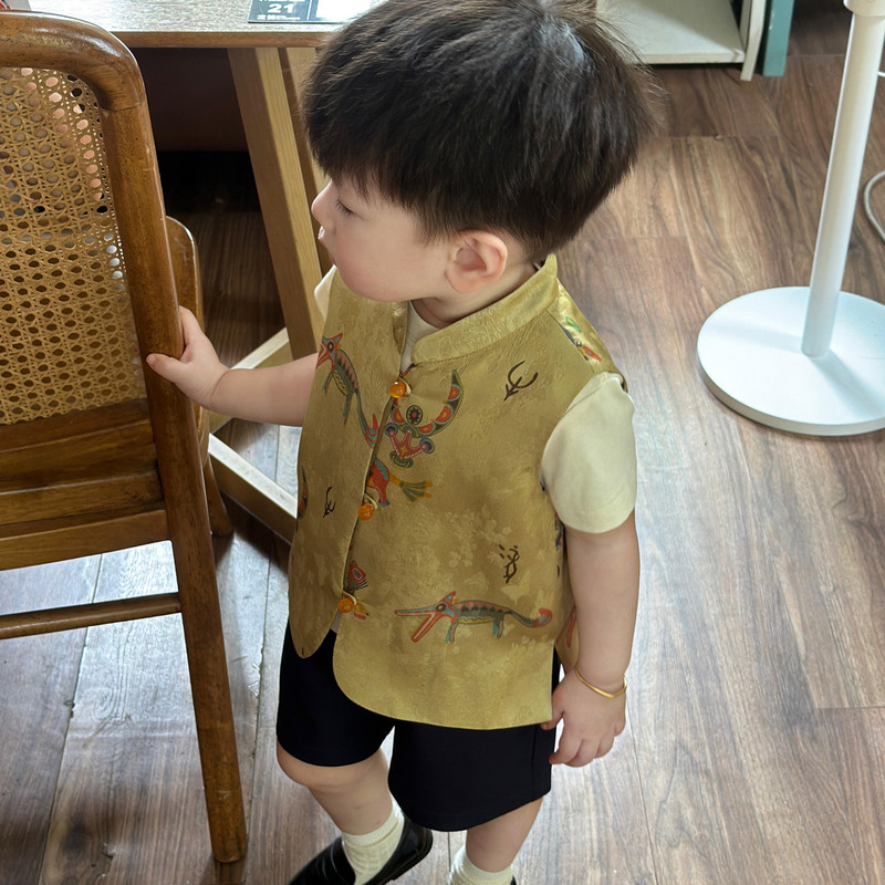 中秋限定男童汉服唐装新中式儿童复古提花薄款马甲宝宝高质感背心|undefined