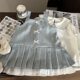 Korean Children's Wear 2025 New Spring Girl Doll Collar Shirt Children's College Style Pleated Strap Skirt Two-piece Set