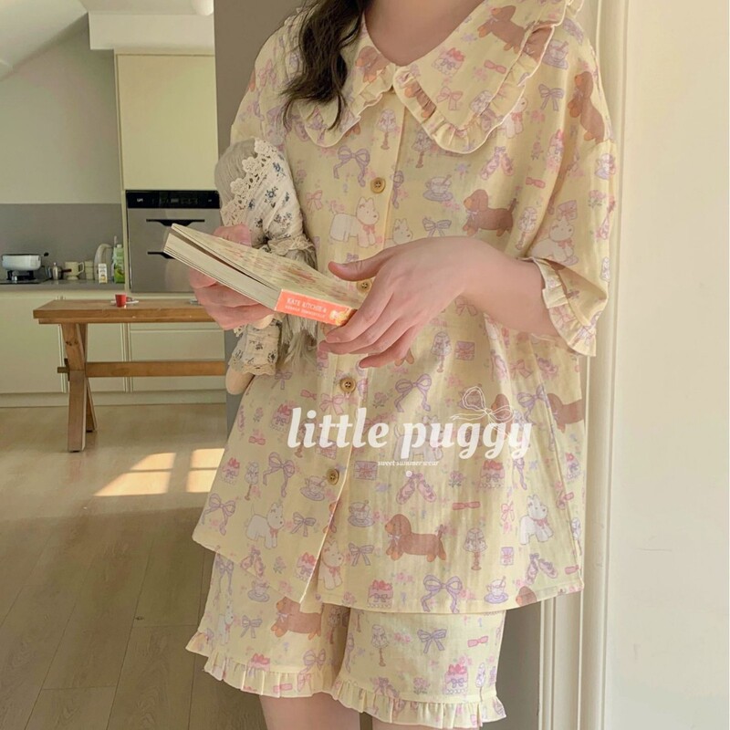 little puggy summer cartoon floral dachshund dog doll collar pajamas cotton double-layer yarn short sleeve shorts