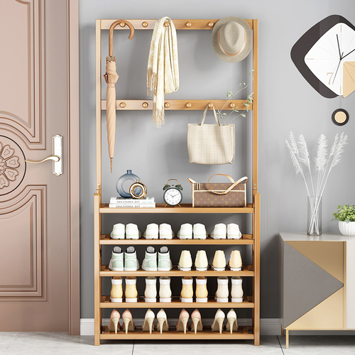 Multifunctional all-in-one shoe rack coat rack floor-standing household solid wood storage rack doorway indoor simple multi-layer shoe cabinet