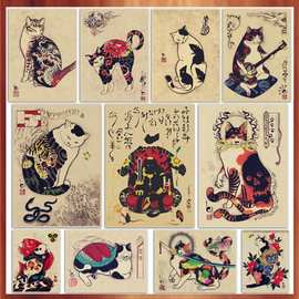 日本浮世绘武士猫刺青猫纹身店复古海报牛皮纸装饰画墙画壁画图片