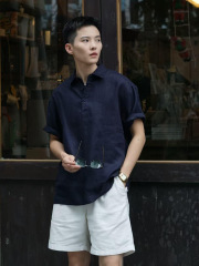 藏青色亚麻短袖衬衫男款夏薄款透气速干polo衫美式老钱风棉麻t恤