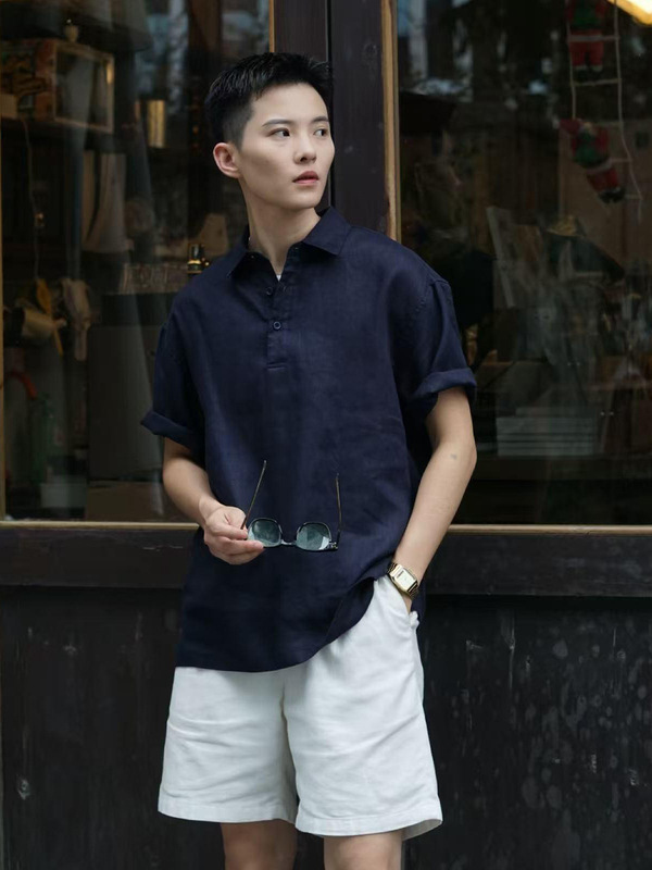 Navy Blue Linen Short-Sleeved Shirt for Men, Summer Thin Style, Breathable and Quick-Drying Polo Shirt, American Old Money Style Cotton and Linen T-Shirt