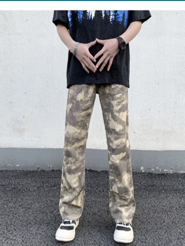 American Retro Light Color Floral Camouflage Jeans for Men, Fashion Long Pants, High Street Summer Slim Straight Pants