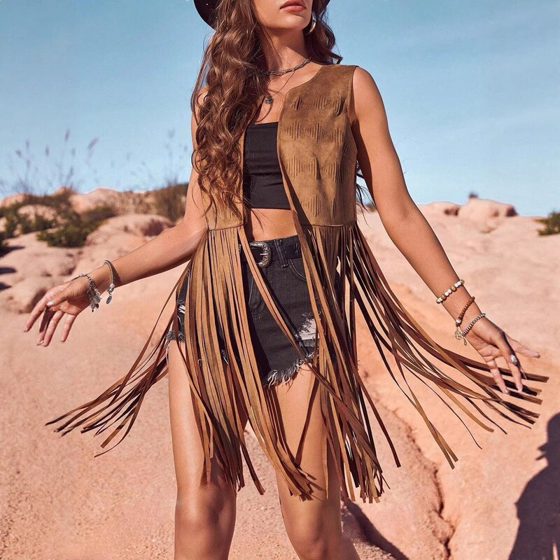 European and American Cross-Border Women's Tassel Vest Sleeveless Hippie Faux Suede Tassel Jacket Cardigan European and American Cross-Border Women's Tassel Vest Sleeveless Hippie Faux Suede Tassel Jacket Cardigan