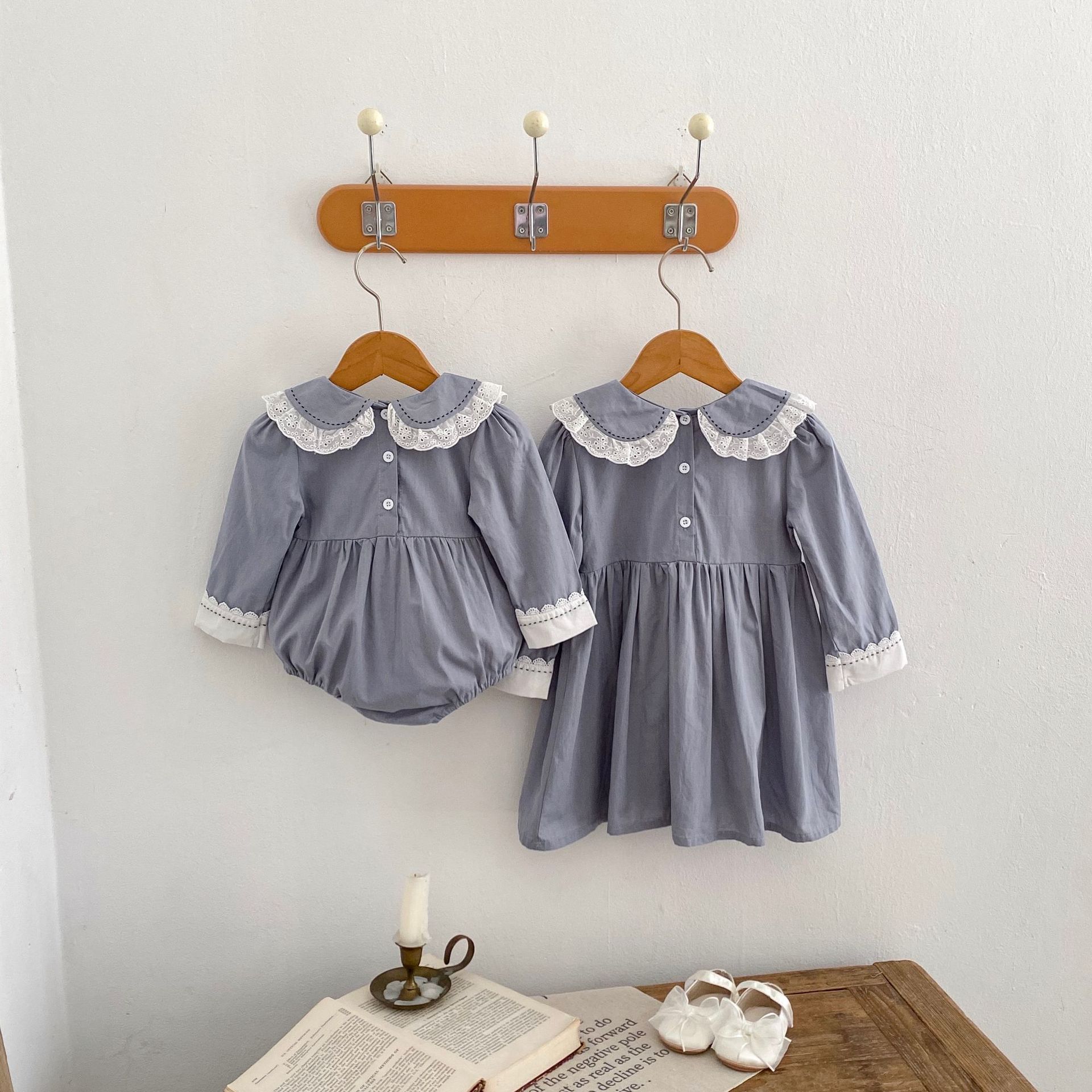 INS 2024 Herbst Baumwolle Klasse A Schwestern Mädchen Baby Spitze Puppe Hals Langarm Furz Gewickelt Romper + Rock_voghion.com