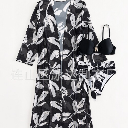  European and American foreign trade swimwear women's split three-piece long-sleeved mesh blouse cross-border bikini print set