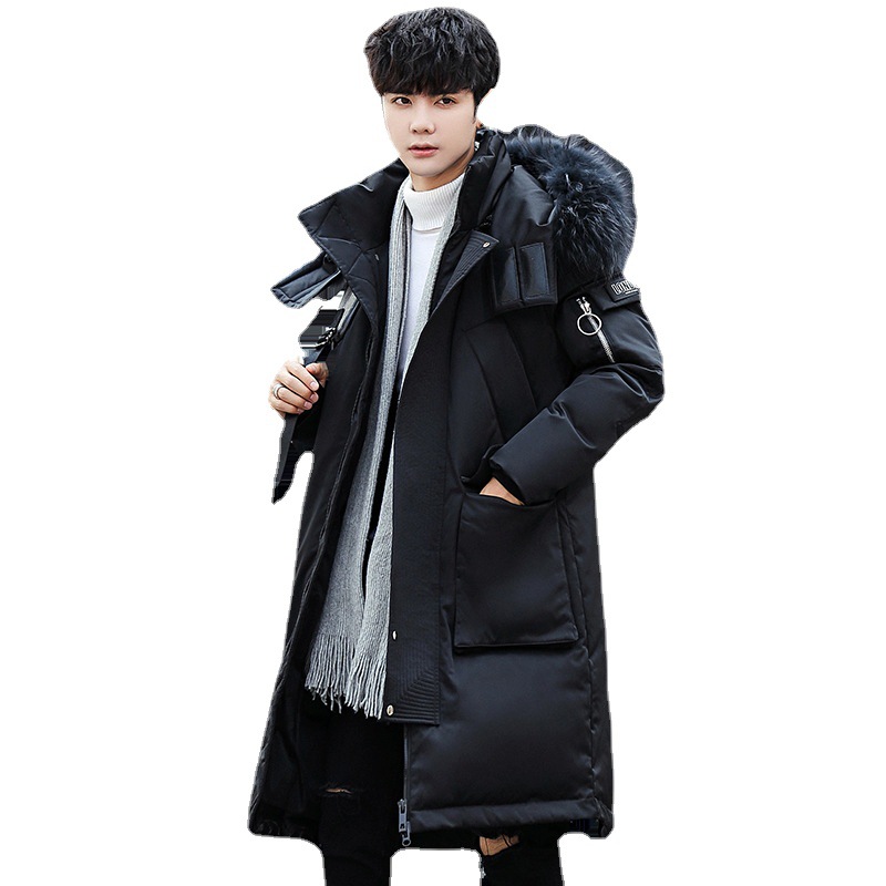 Nueva chaqueta de plumón de los hombres jóvenes engrosada de longitud media con capucha gran cuello de piel abrigo de moda de los hombres ropa caliente resistente al frío